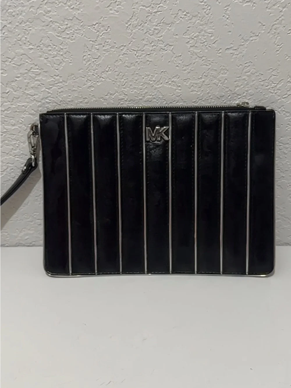 Michael Kors Black Quilted Vertical-Panel Wristlet with MK Logo